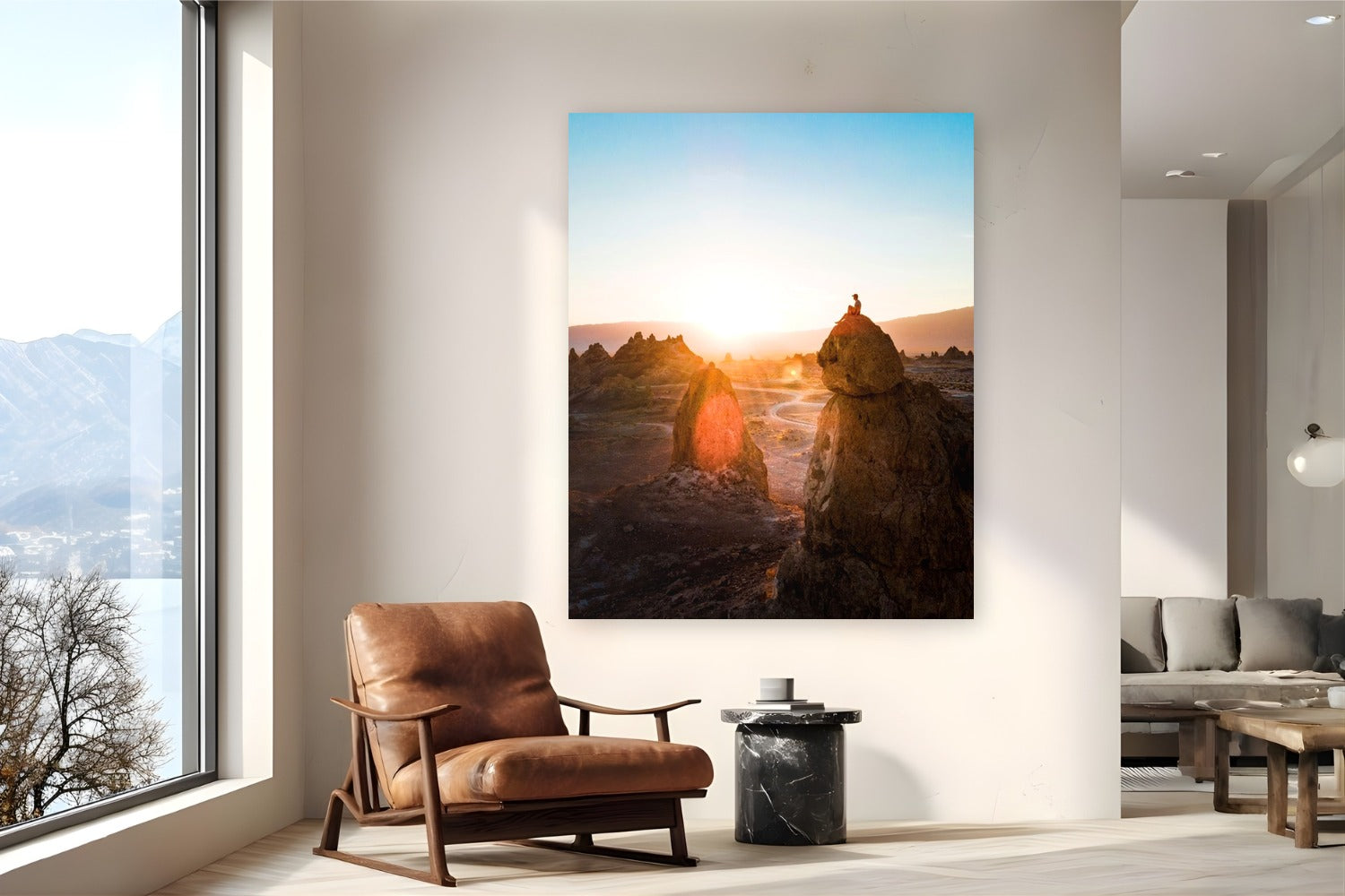 Trona Sunrise by Arthur Girard from Trona Pinnacles, California - metal print fine art photography displayed in a reading nook setting