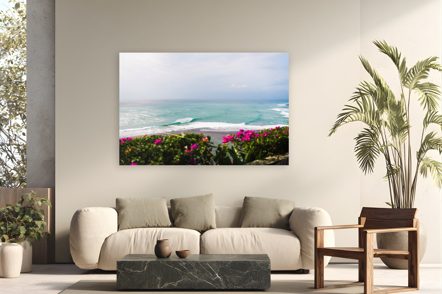 Metal print of From The Cliffs by Ben Gamlin, Bingin, Bali, displayed on a modern living room wall — bougainvillea, reef, and a dropping tide above Bali's Bingin Beach.
