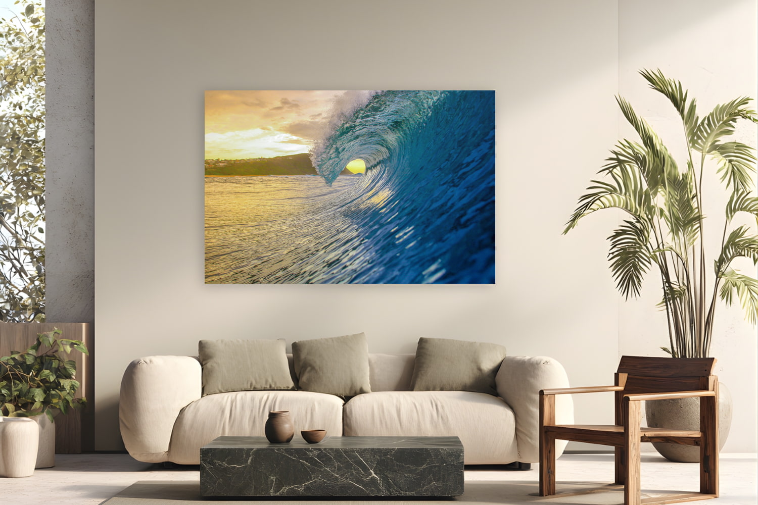 Metal print of Golden Hour Glass by Ben Gamlin, Central Coast, NSW, Australia, displayed on a modern living room wall — a sunrise barrel on the Central Coast, shot from inside the lineup.