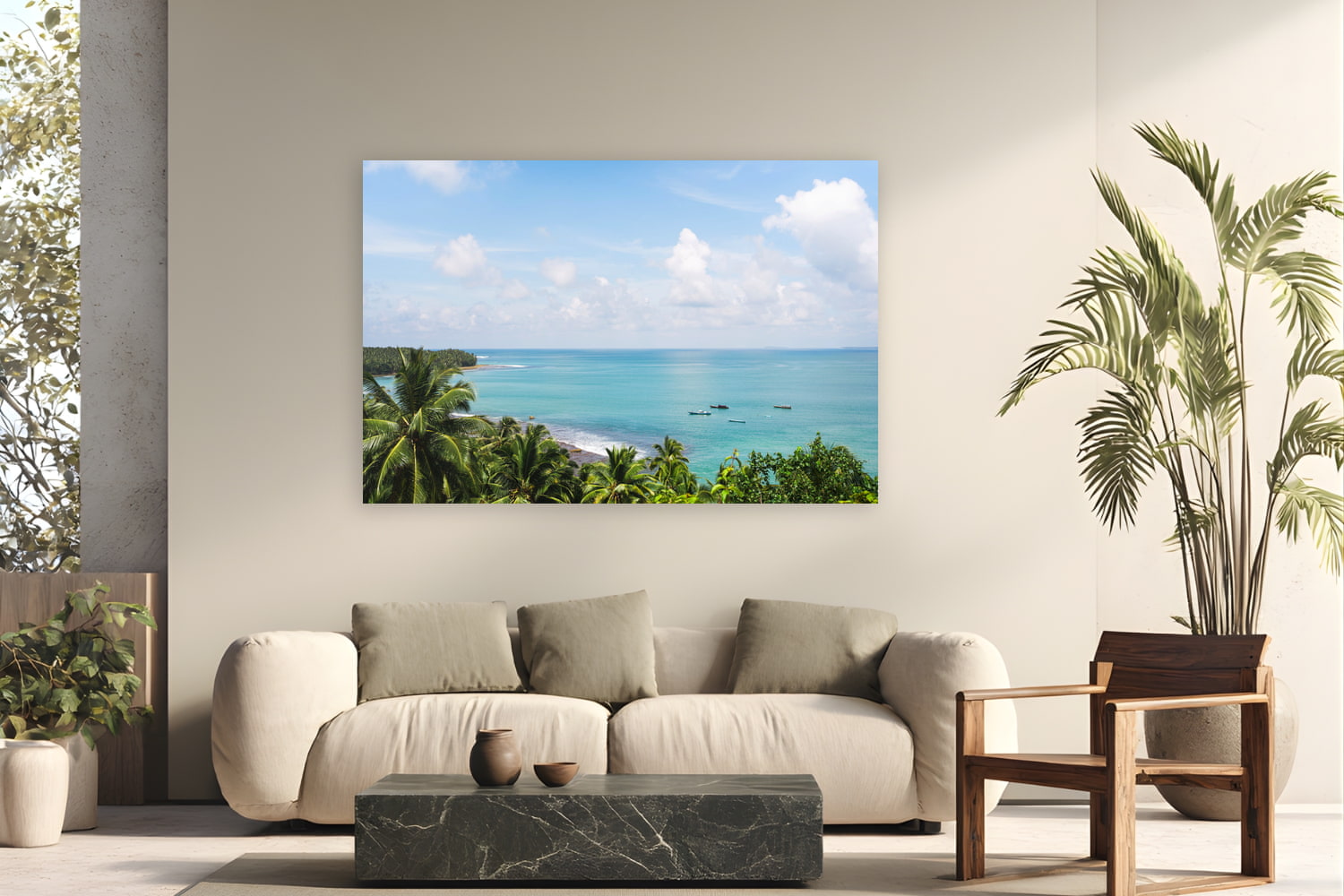 Metal print of Island Drift by Ben Gamlin, Mentawai Islands, Sumatra, displayed on a modern living room wall — the Mentawai Islands sit 150 kilometres off Sumatra's west coast — close enough to see from the hills, far enough that most of the world forgets they're there.