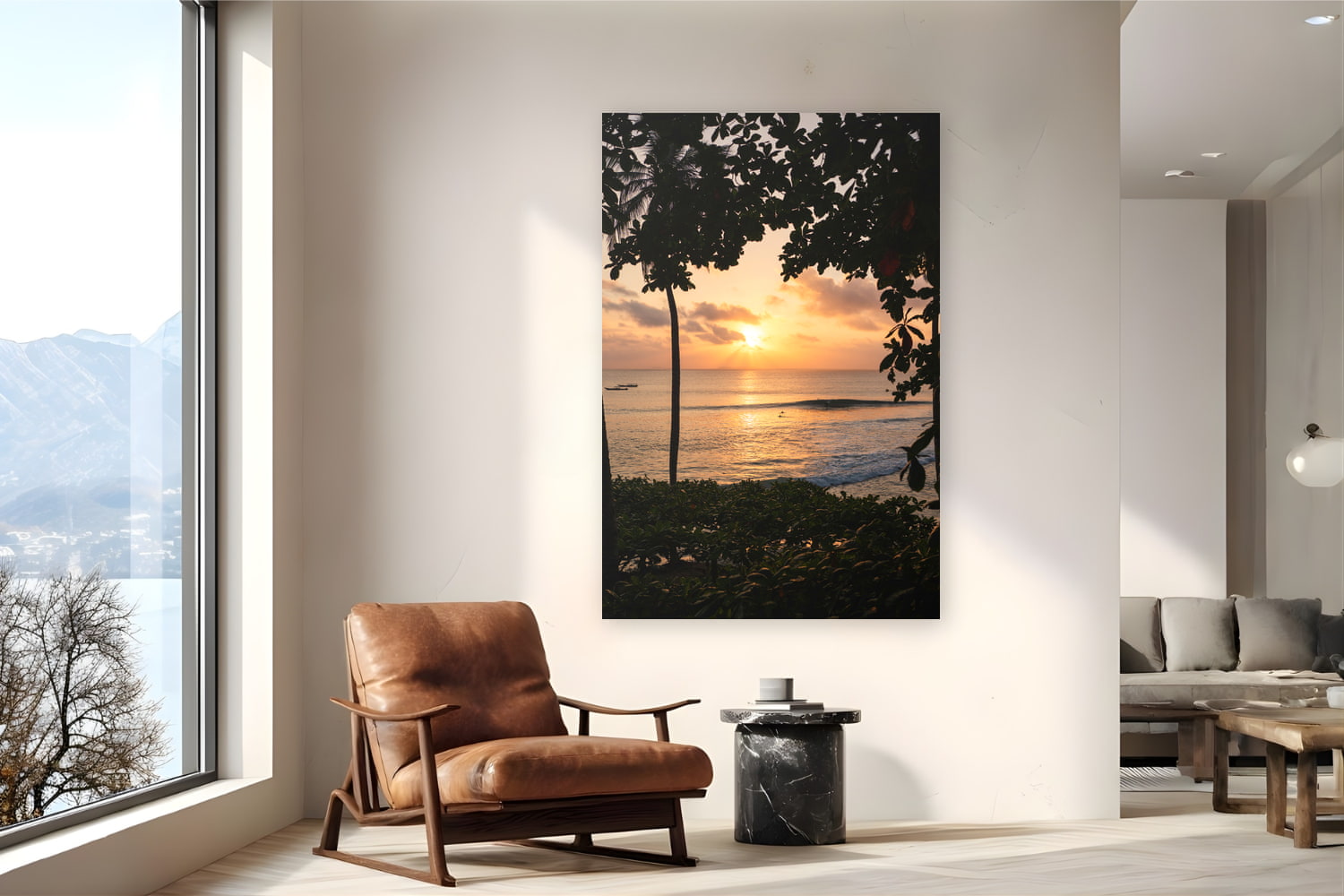 Metal print of Last Light by Ben Gamlin, Mentawai Islands, Sumatra, Indonesia, displayed on a reading nook wall — sunset in the Mentawais, palms in silhouette and a few surfers still in the water.