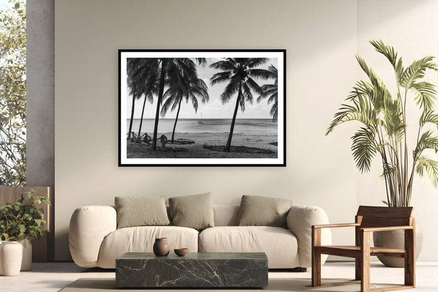 Black wood frame fine art print of Somewhere Else by Ben Gamlin, Middle Percy Island, Whitsundays, displayed on a modern living room wall — middle Percy Island sits 70 miles off the Queensland coast — reachable only by private boat.