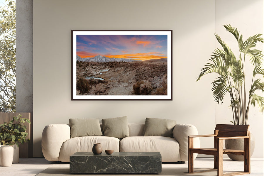 Hot Springs Sunset II by Bree Banning from Mammoth, California - framed black frame fine art photography displayed in a modern living room setting