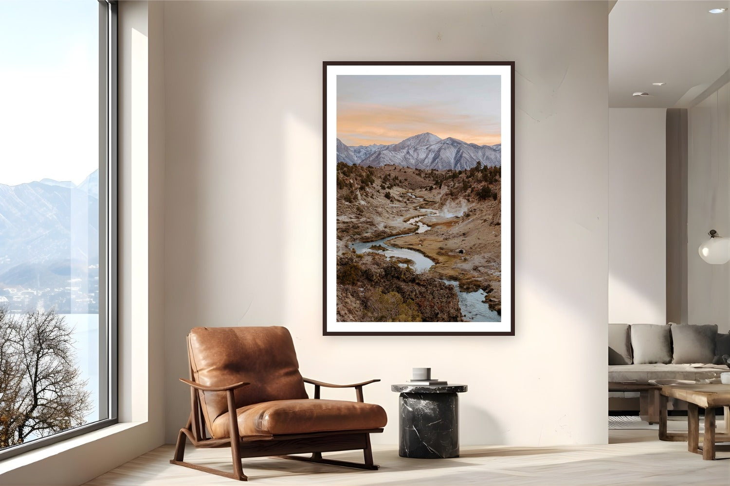 Hot Springs Sunset by Bree Banning from Mammoth Lakes, California - framed black frame fine art photography displayed in a reading nook setting