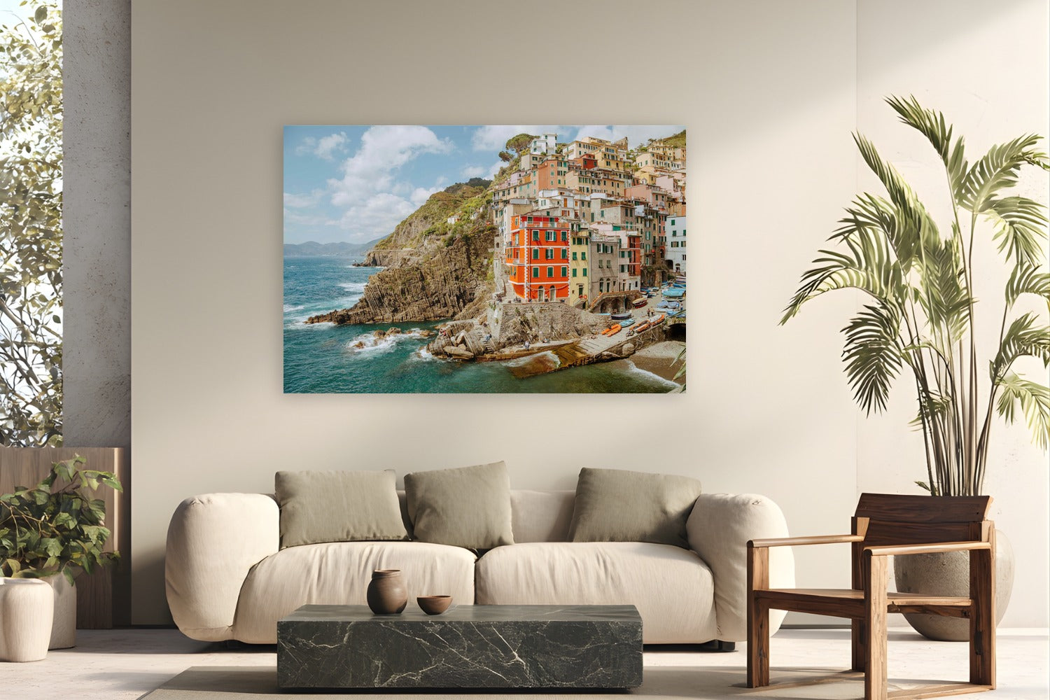 Riomaggiore by Bree Banning from Cinque Terre, Italy - metal print fine art photography displayed in a modern living room setting