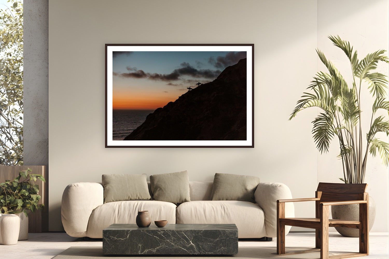 Surfers Climb by Bree Banning from San Diego, California - framed black frame fine art photography displayed in a modern living room setting