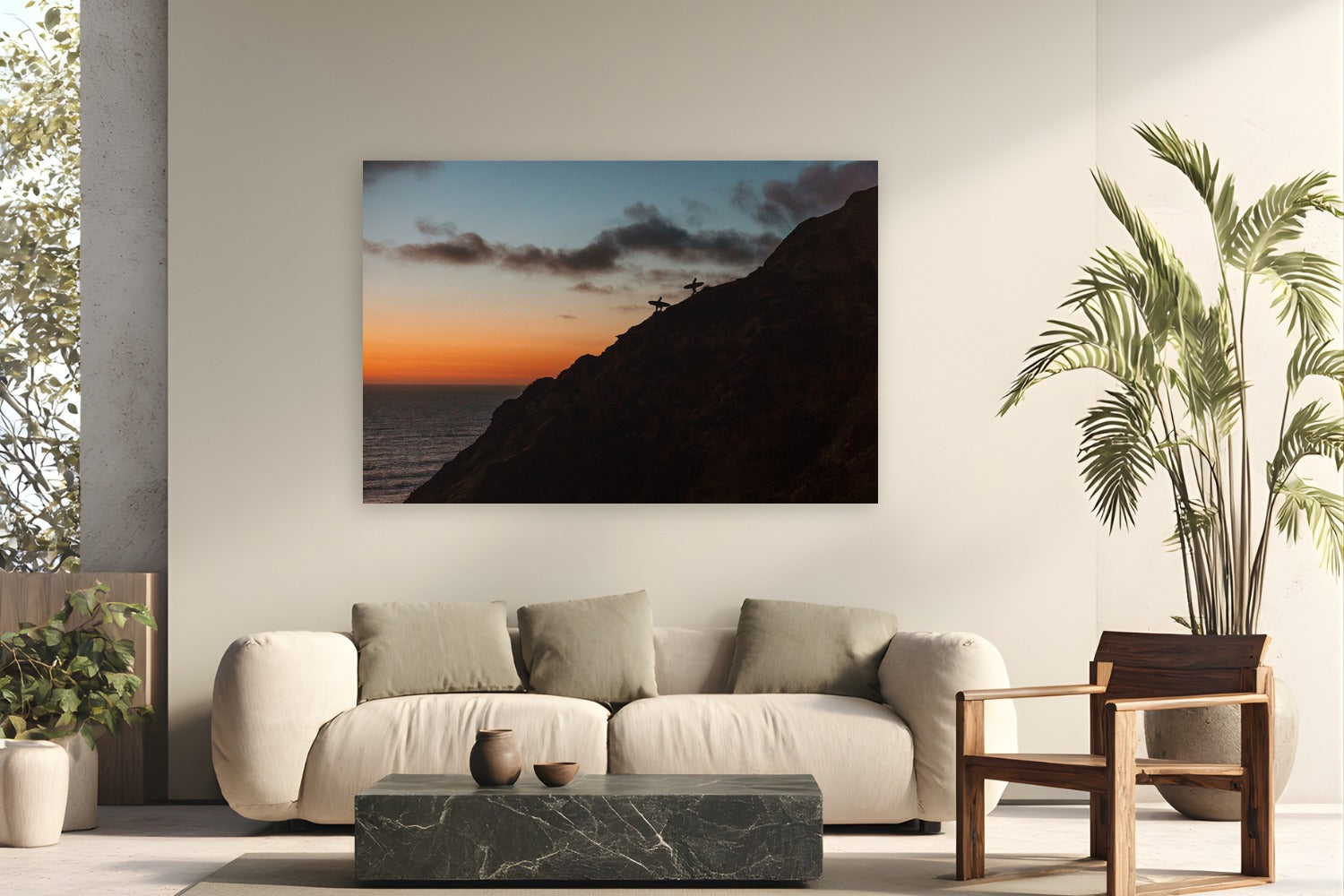 Surfers Climb by Bree Banning from San Diego, California - metal print fine art photography displayed in a modern living room setting