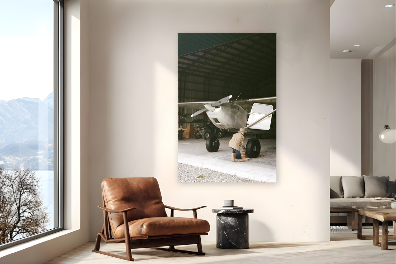 Metal print of Alaskan Transpo by Brooklyn Phillips, McCarthy, Alaska, displayed on a reading nook wall — mcCarthy, Alaska — a town of about two dozen winter residents, where bush planes replace cars and a hand-drawn map counts as GPS.