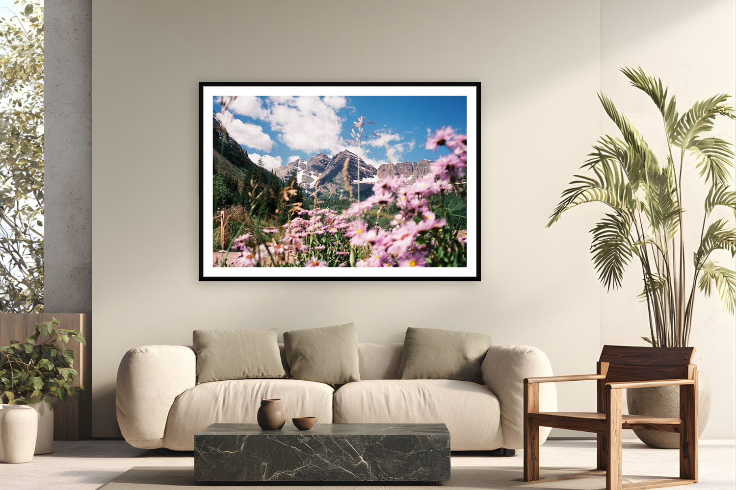 Black wood frame fine art print of Maroon Bells by Brooklyn Phillips, Aspen, Colorado, displayed on a modern living room wall — maroon Bells — twin fourteeners stained red by hematite in the mudstone, ten miles west of Aspen.