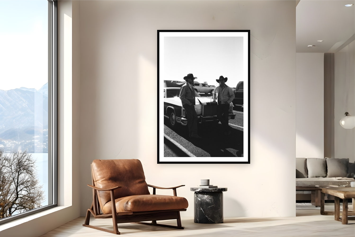 Black wood frame fine art print of Texan Outlaws by Brooklyn Phillips, West Texas, displayed on a reading nook wall — west Texas, 6 AM — the kind of place where cowboys pour whiskey in their morning coffee.