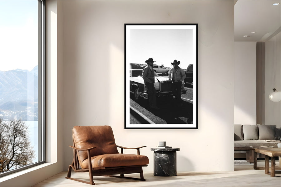 Black wood frame fine art print of Texan Outlaws by Brooklyn Phillips, West Texas, displayed on a reading nook wall — west Texas, 6 AM — the kind of place where cowboys pour whiskey in their morning coffee.