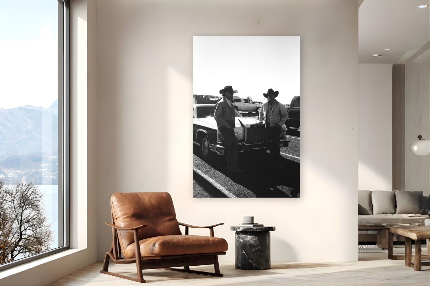 Metal print of Texan Outlaws by Brooklyn Phillips, West Texas, displayed on a reading nook wall — west Texas, 6 AM — the kind of place where cowboys pour whiskey in their morning coffee.