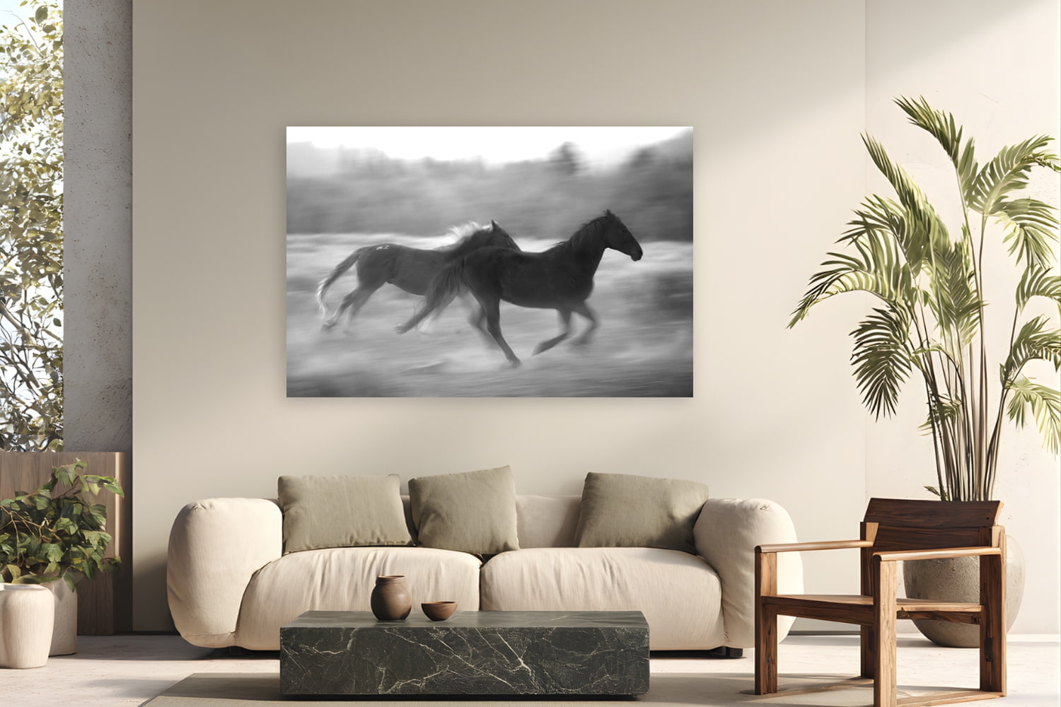 Metal print of Thunder Hooves by Brooklyn Phillips, Moran, Wyoming, displayed on a modern living room wall — triangle X is the only working dude ranch in America's entire National Park System — five generations of Turners running horses through Grand Teton since 1926.