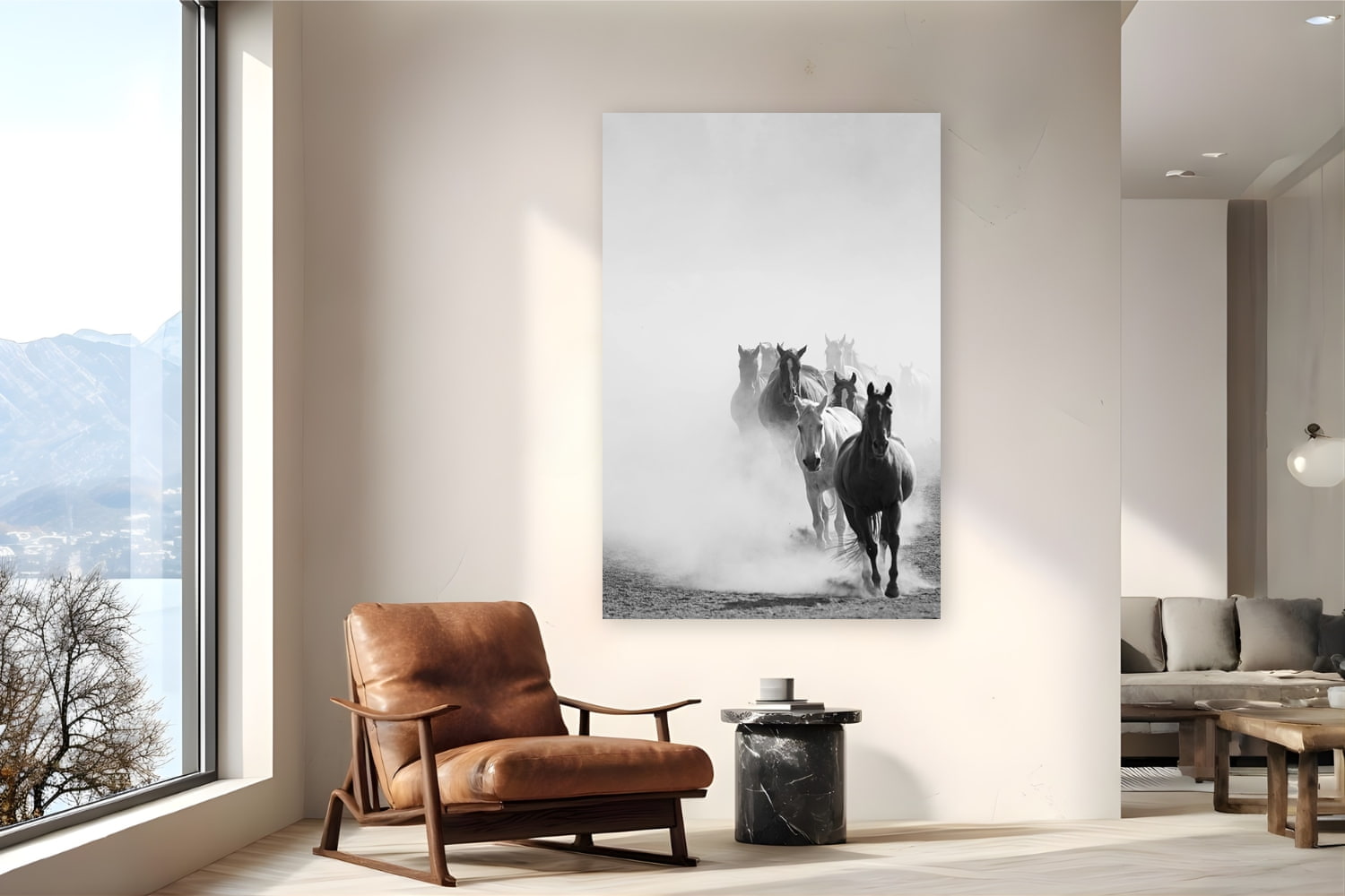 Metal print of Wrangling the Herd by Brooklyn Phillips, Moran, Wyoming, displayed on a reading nook wall — every morning at Triangle X, the herd comes in from open pasture — pushed through the Teton valley dust before the day's first ride.