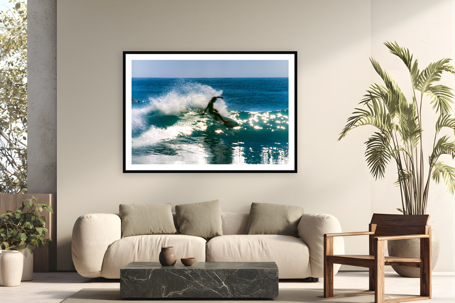 Black wood frame fine art print of Backlit Slide by Devon Cardamone, Malibu, California, displayed on a modern living room wall — late-afternoon Malibu, when the sun drops behind the lineup and punches straight through each wave as it feathers.