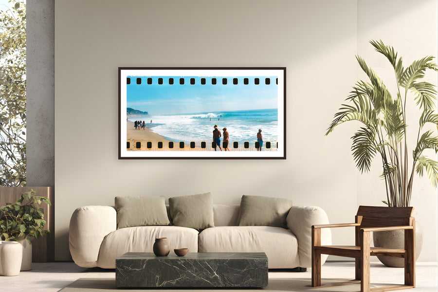 Film Tricks at Zuma by Devon Cardamone from Zuma Beach, CA - framed black frame fine art photography displayed in a modern living room setting