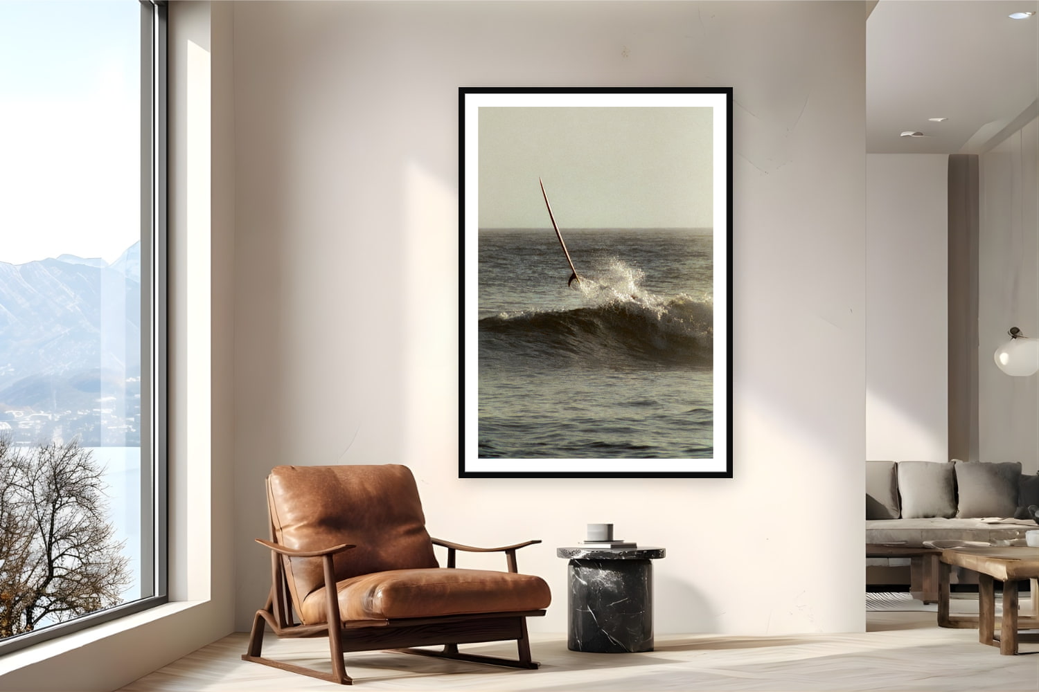 Black wood frame fine art print of Ghost Rider by Devon Cardamone, San Onofre, CA, displayed on a reading nook wall — a longboard launches skyward at San Onofre — the cobblestone break where Southern California surf culture took root in the 1930s.