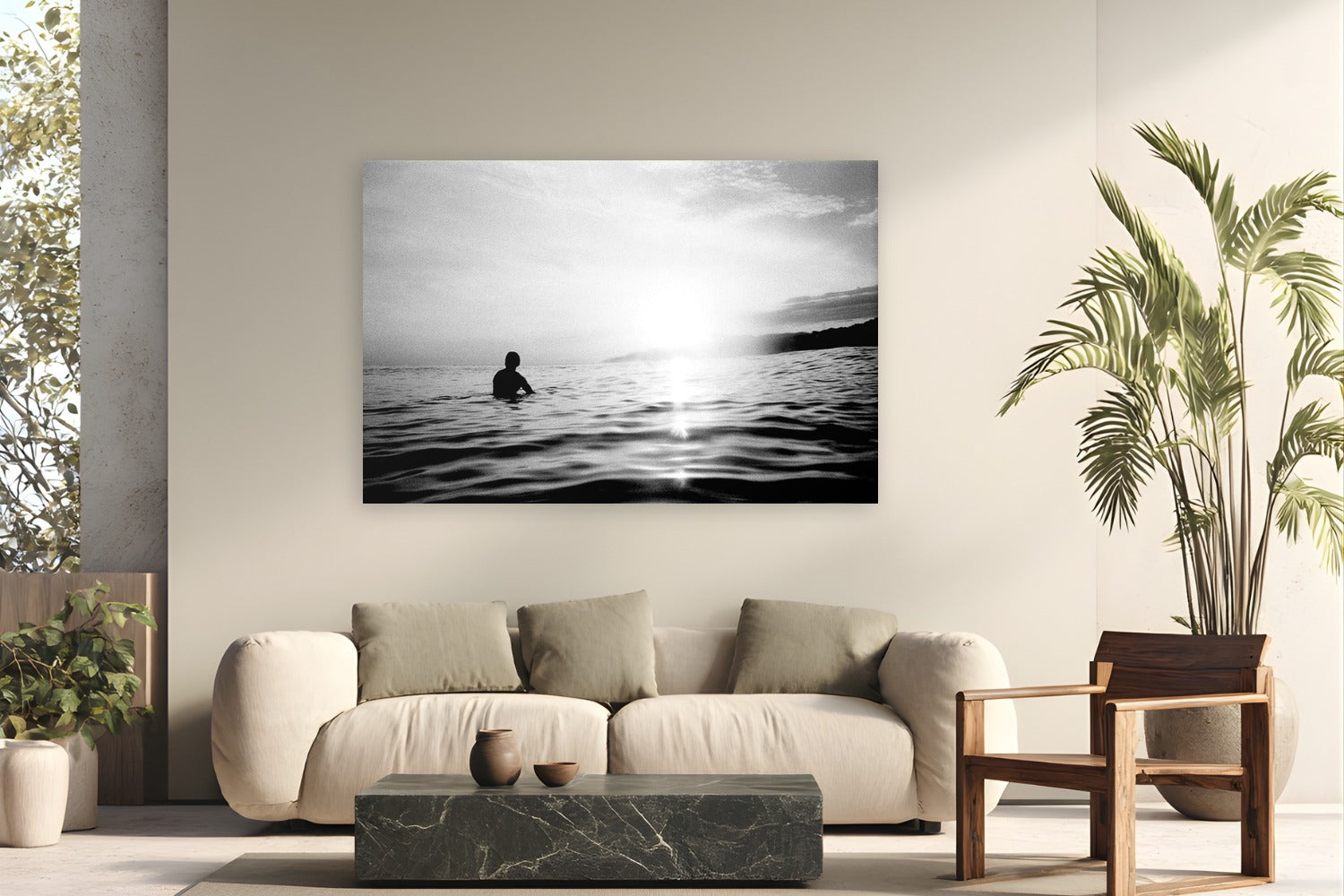 Lonely Surfer by Devon Cardamone from La Bocana, El Salvador - metal print fine art photography displayed in a modern living room setting