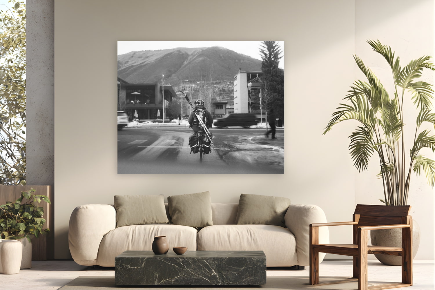 Metal print of Morning Commute by Devon Cardamone, Aspen, CO, displayed on a modern living room wall — downtown Aspen — where the mountain is close enough to bike to with your skis on your back.