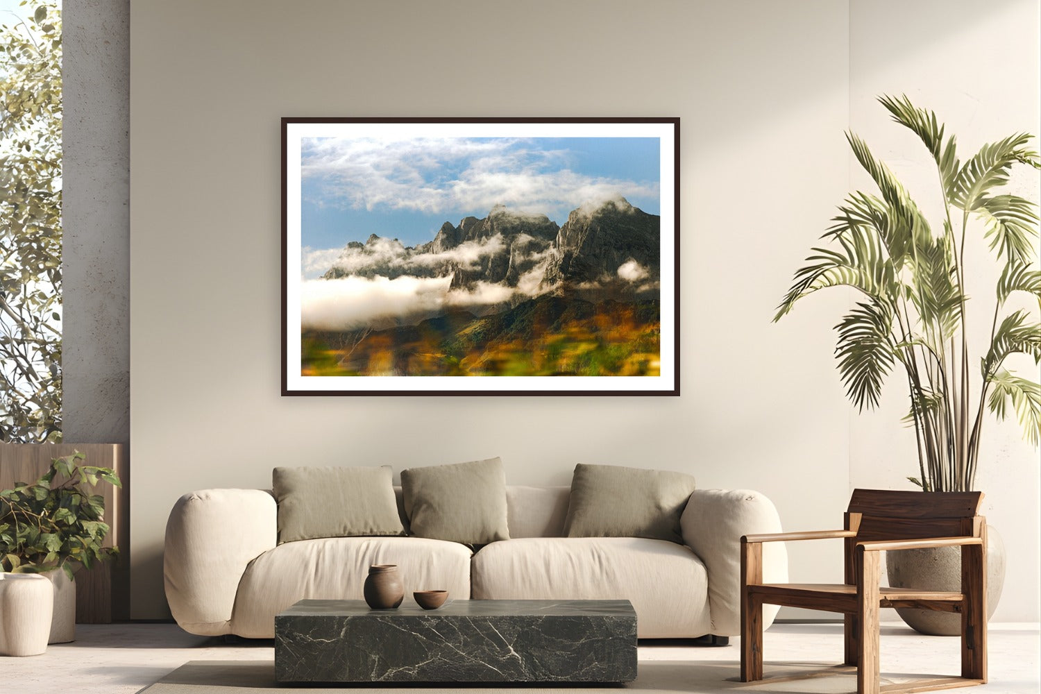 Moving Mountains by Devon Cardamone from Austria - framed black frame fine art photography displayed in a modern living room setting