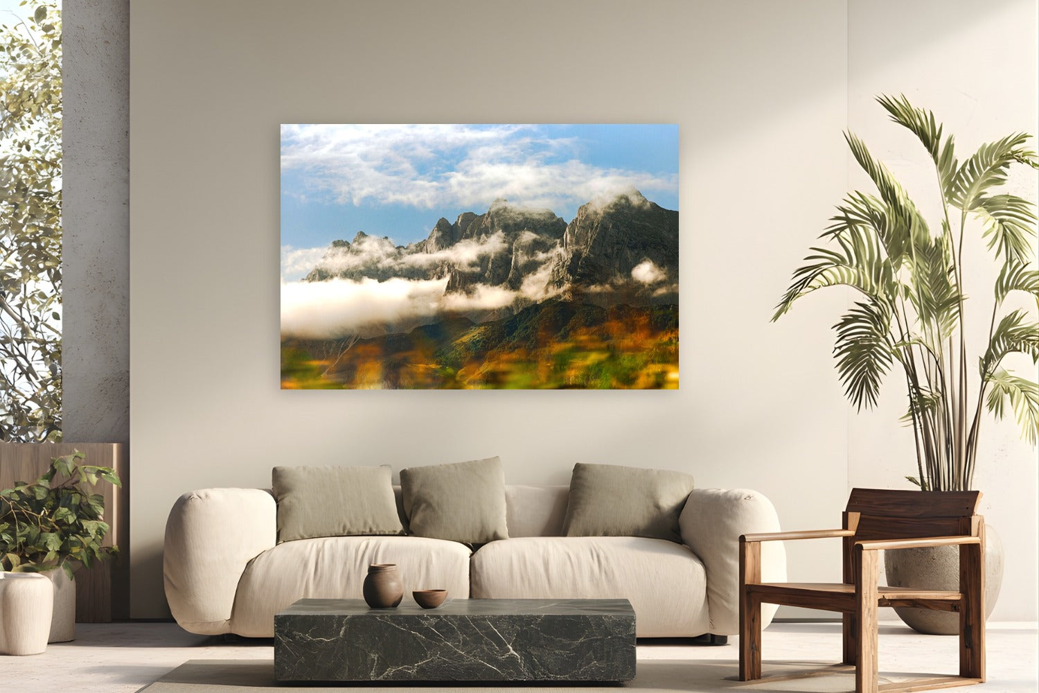 Moving Mountains by Devon Cardamone from Austria - metal print fine art photography displayed in a modern living room setting