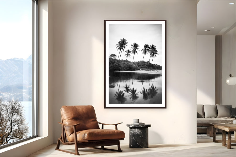 Nosara Palms by Devon Cardamone from Nosara, Costa Rica - framed black frame fine art photography displayed in a reading nook setting
