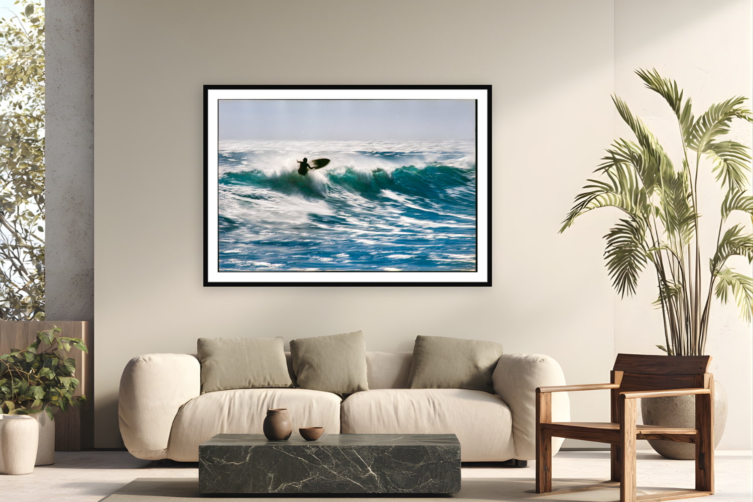 Black wood frame fine art print of Sunlit Motion by Devon Cardamone, Malibu, California, displayed on a modern living room wall — malibu on an overhead day — film grain turns the spray into motion rather than frozen detail.