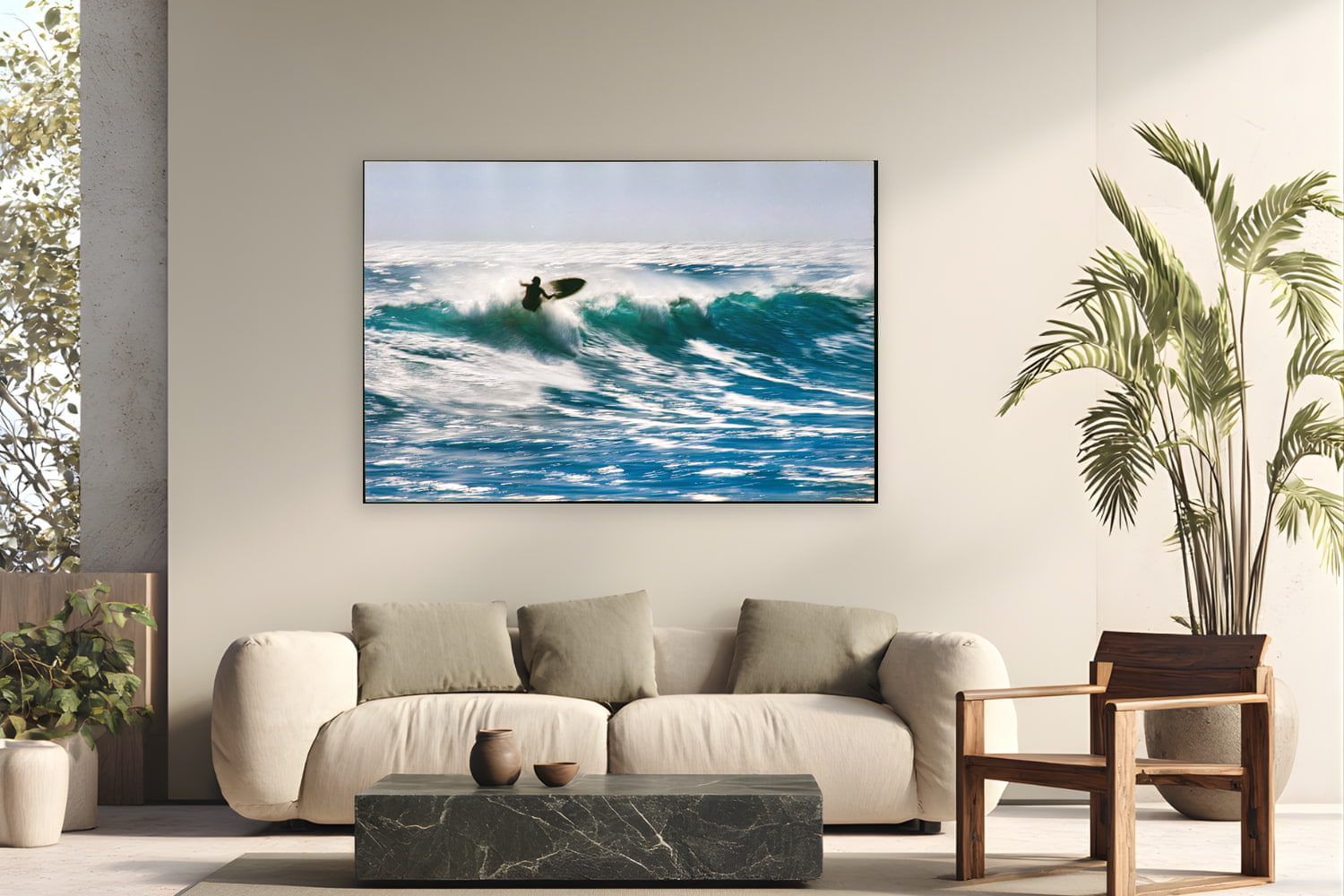 Metal print of Sunlit Motion by Devon Cardamone, Malibu, California, displayed on a modern living room wall — malibu on an overhead day — film grain turns the spray into motion rather than frozen detail.