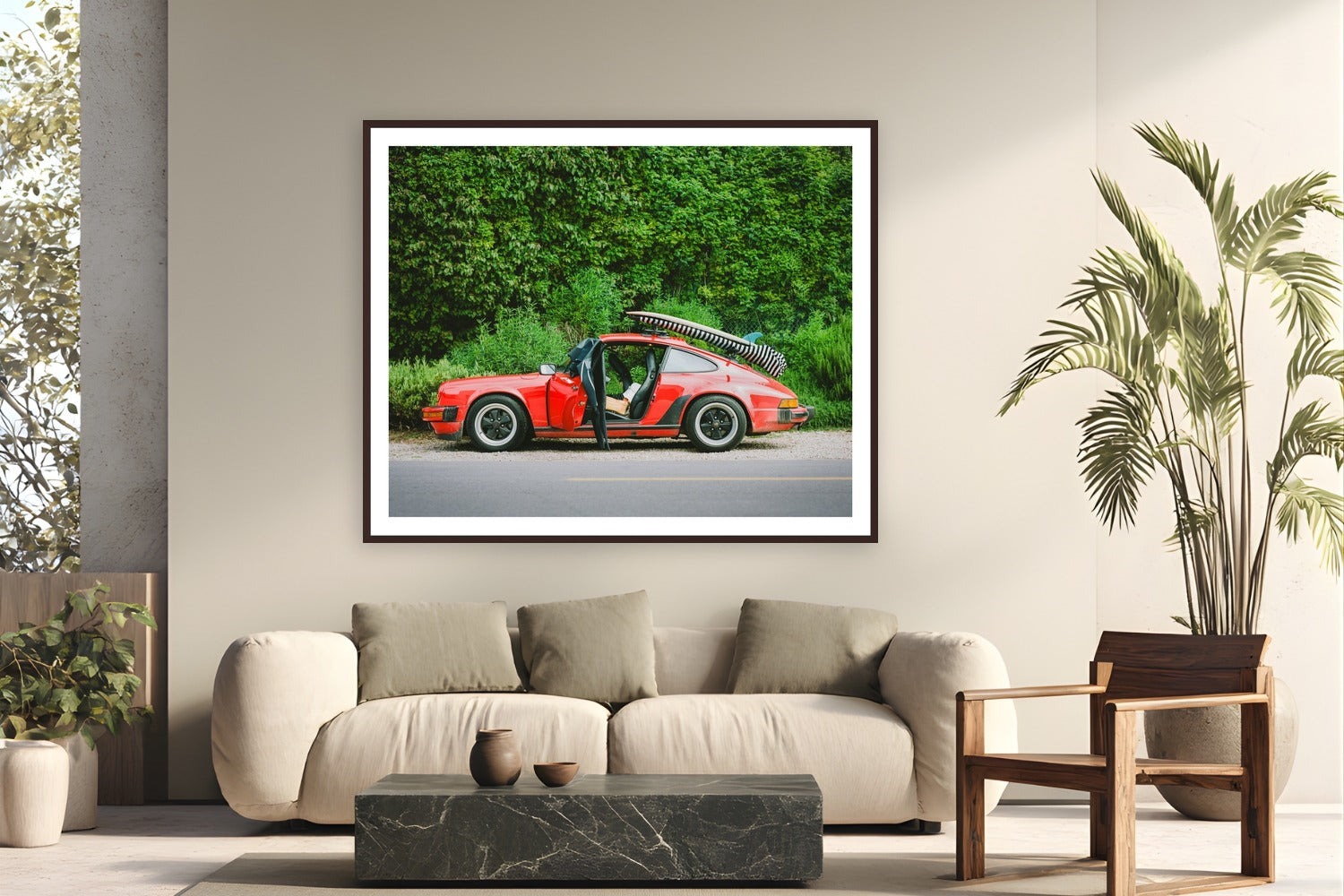 Surf Wagon by Devon Cardamone from Malibu, California - framed black frame fine art photography displayed in a modern living room setting