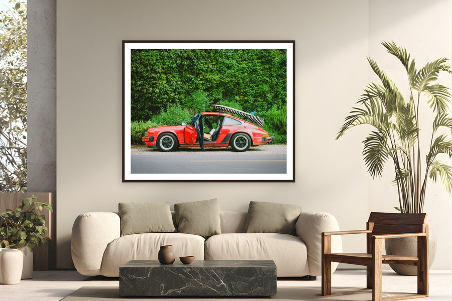 Surf Wagon by Devon Cardamone from Malibu, California - framed black frame fine art photography displayed in a modern living room setting