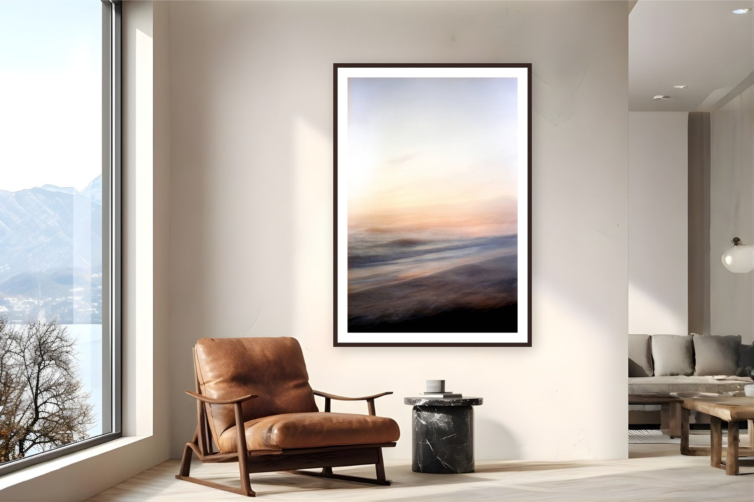 Venice Sunset by Devon Cardamone from Venice Beach, California - framed black frame fine art photography displayed in a reading nook setting