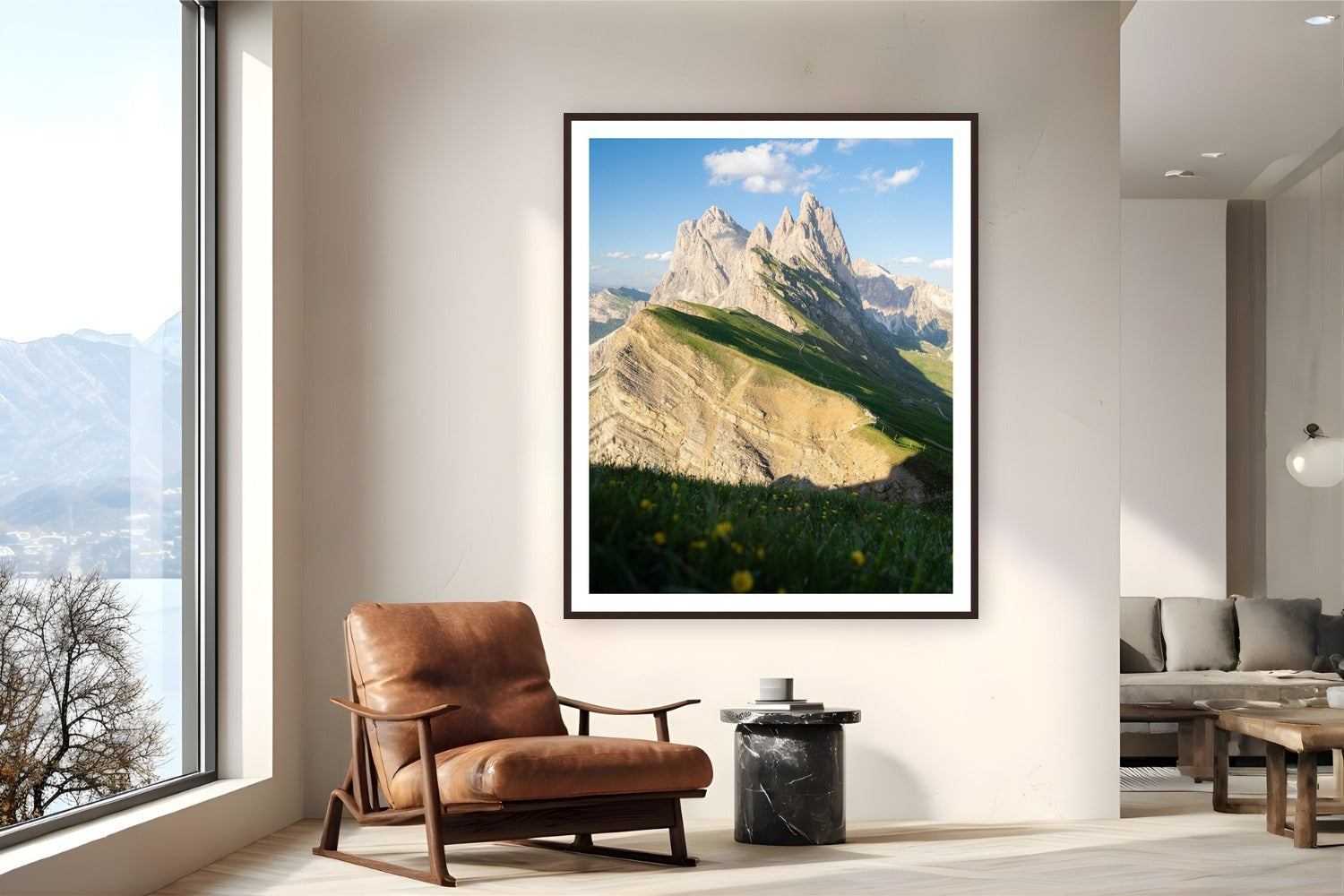 Italian Alps by Evan Ruderman from Dolomites, Italy - framed black frame fine art photography displayed in a reading nook setting
