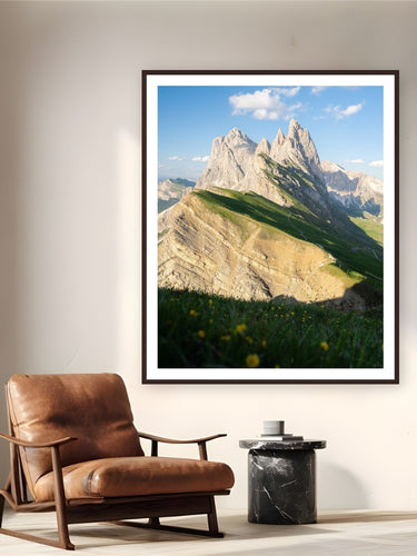 Italian Alps by Evan Ruderman from Dolomites, Italy - framed black frame fine art photography displayed in a reading nook setting