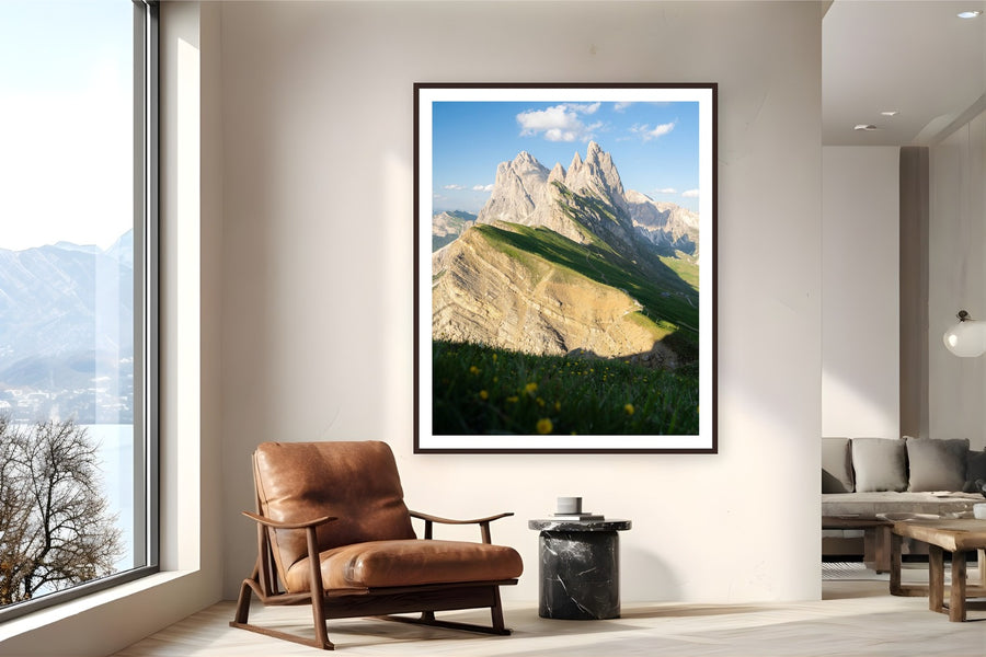 Italian Alps by Evan Ruderman from Dolomites, Italy - framed black frame fine art photography displayed in a reading nook setting