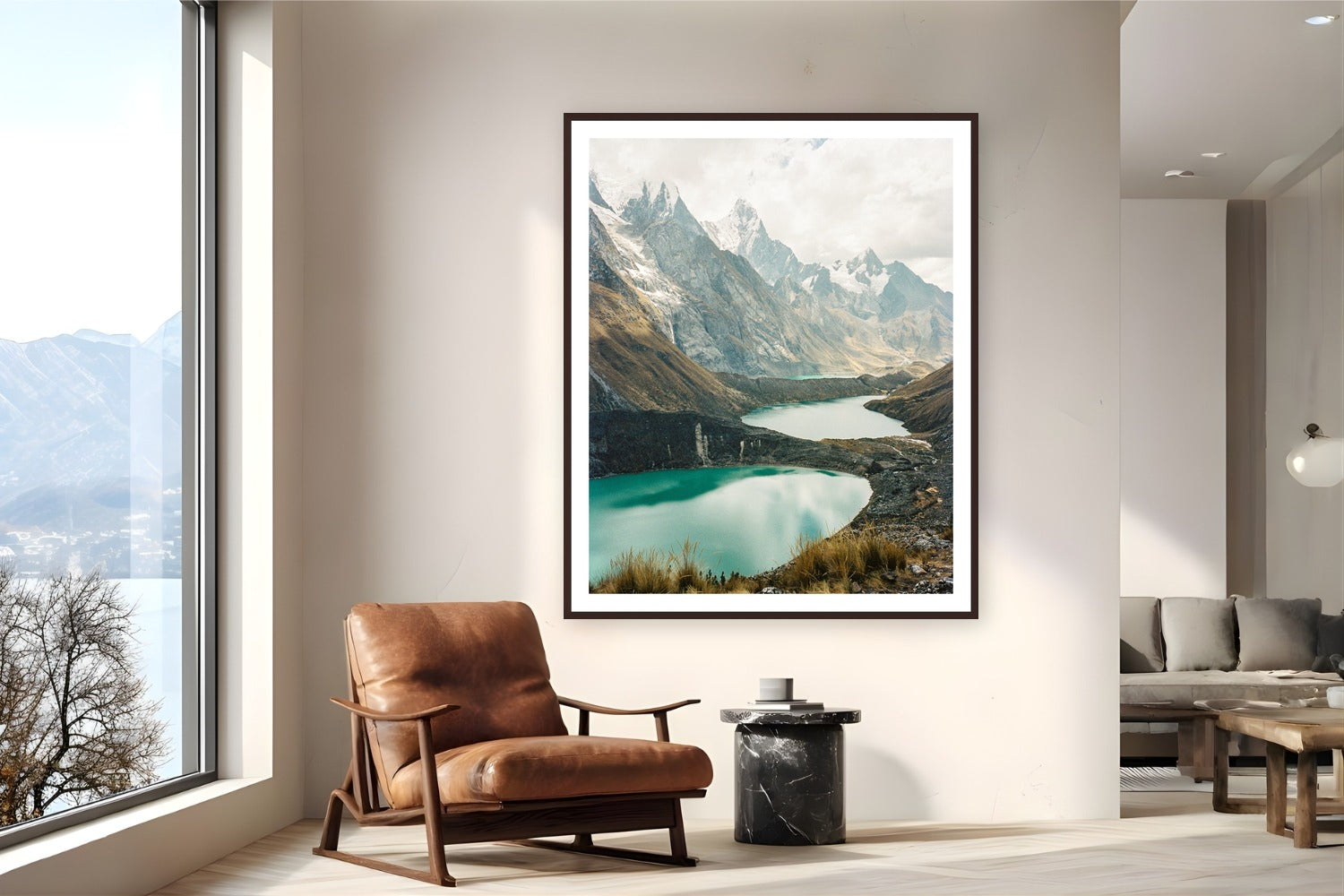 Los Lagos by Evan Ruderman from Cordillera Huayhuash, Peru - framed black frame fine art photography displayed in a reading nook setting