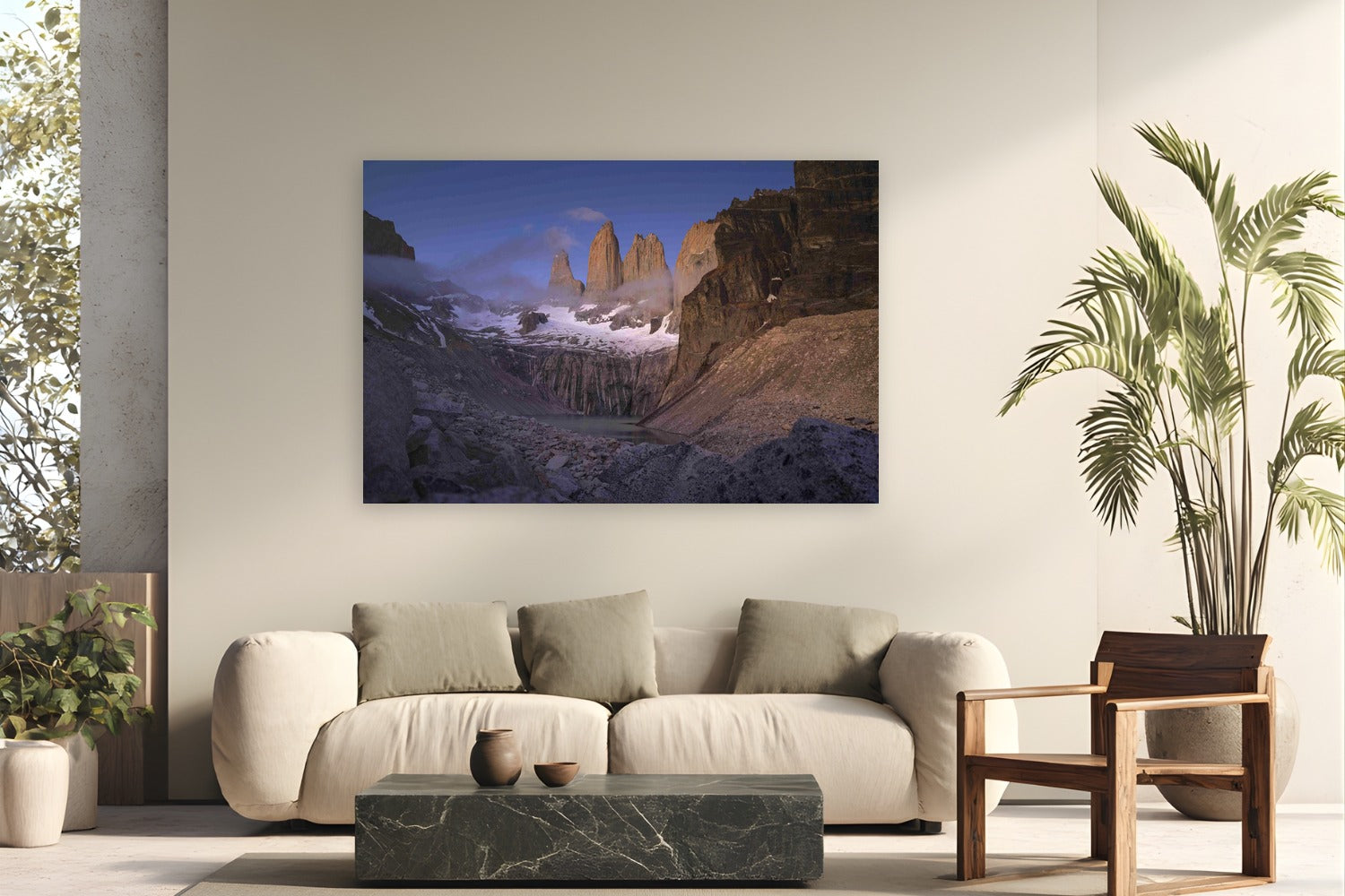 Patagonia Sunrise by Evan Ruderman from Torres Del Paine, Patagonia, Chile - metal print fine art photography displayed in a modern living room setting