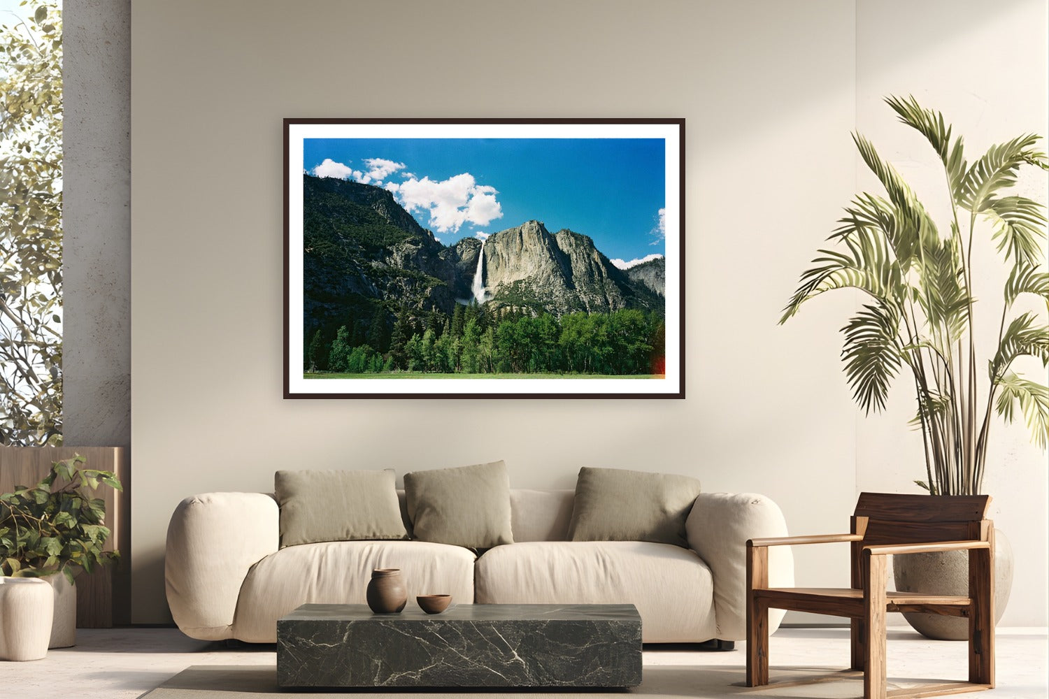Yosemite Falls by Evan Ruderman from Yosemite National Park - framed black frame fine art photography displayed in a modern living room setting