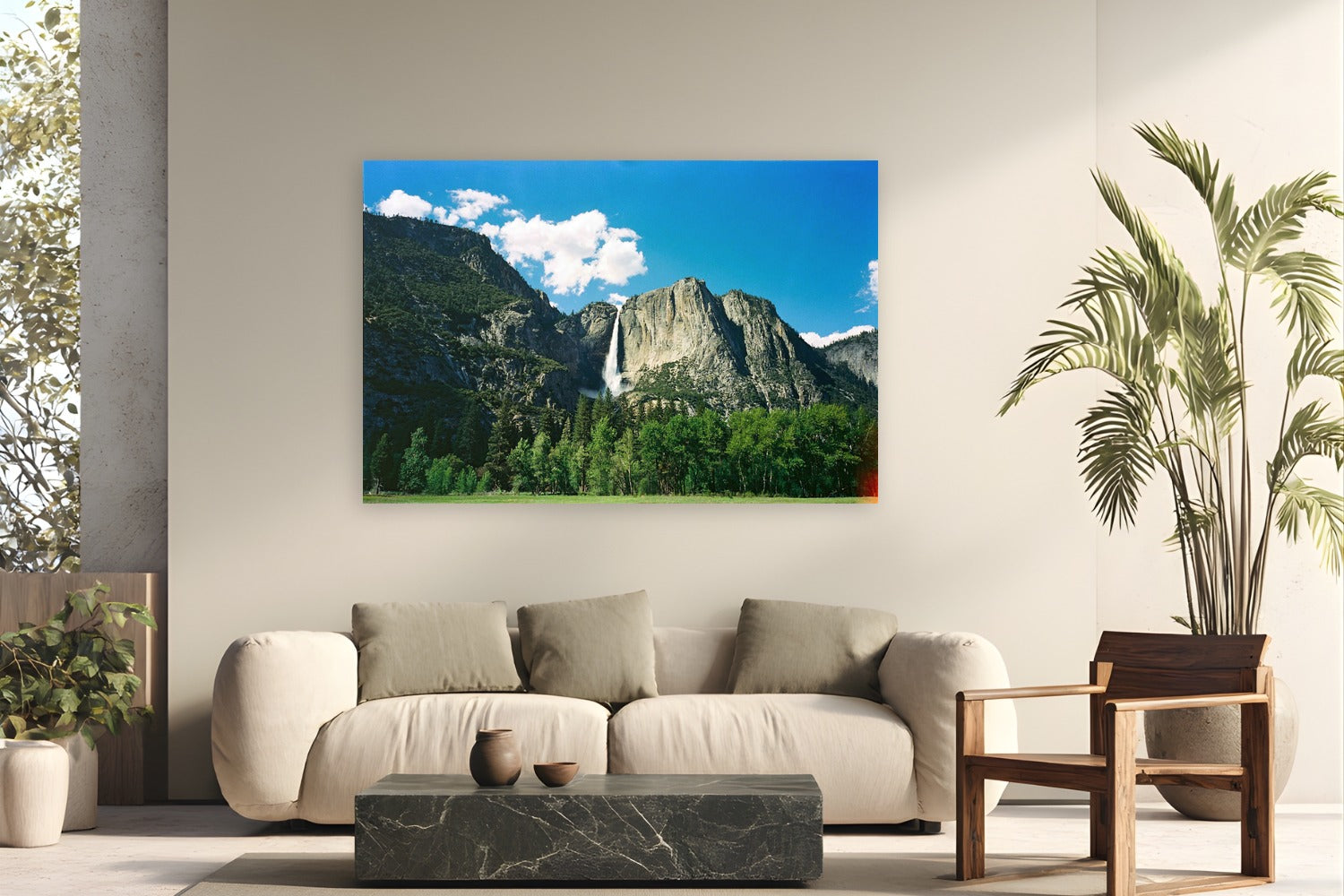 Yosemite Falls by Evan Ruderman from Yosemite National Park - metal print fine art photography displayed in a modern living room setting