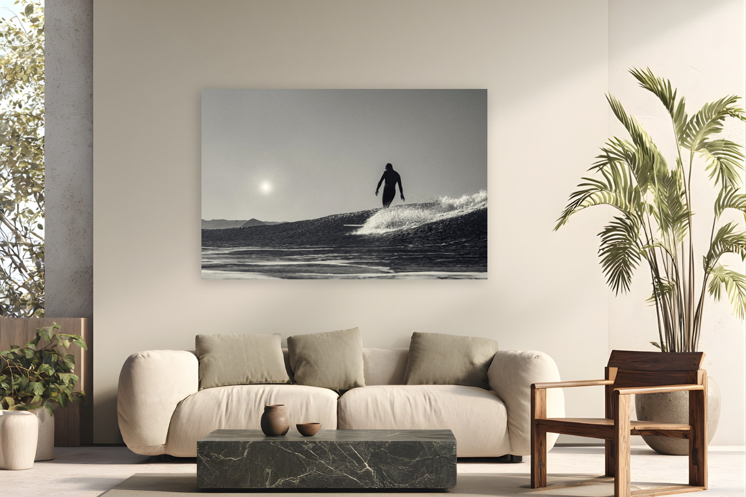 Metal print of Between Sun and Sea by Jeremy Bishop, Morro Bay, California, displayed on a modern living room wall — last light off Morro Bay — Jeremy's surfer silhouetted between the sun and the wave.