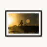 Black wood frame fine art print of Sunscaped by Jeremy Bishop, Malibu, CA — shot from the water at Malibu — the rings of light are saltwater on the housing, backlit by a sun about to drop into the Pacific.