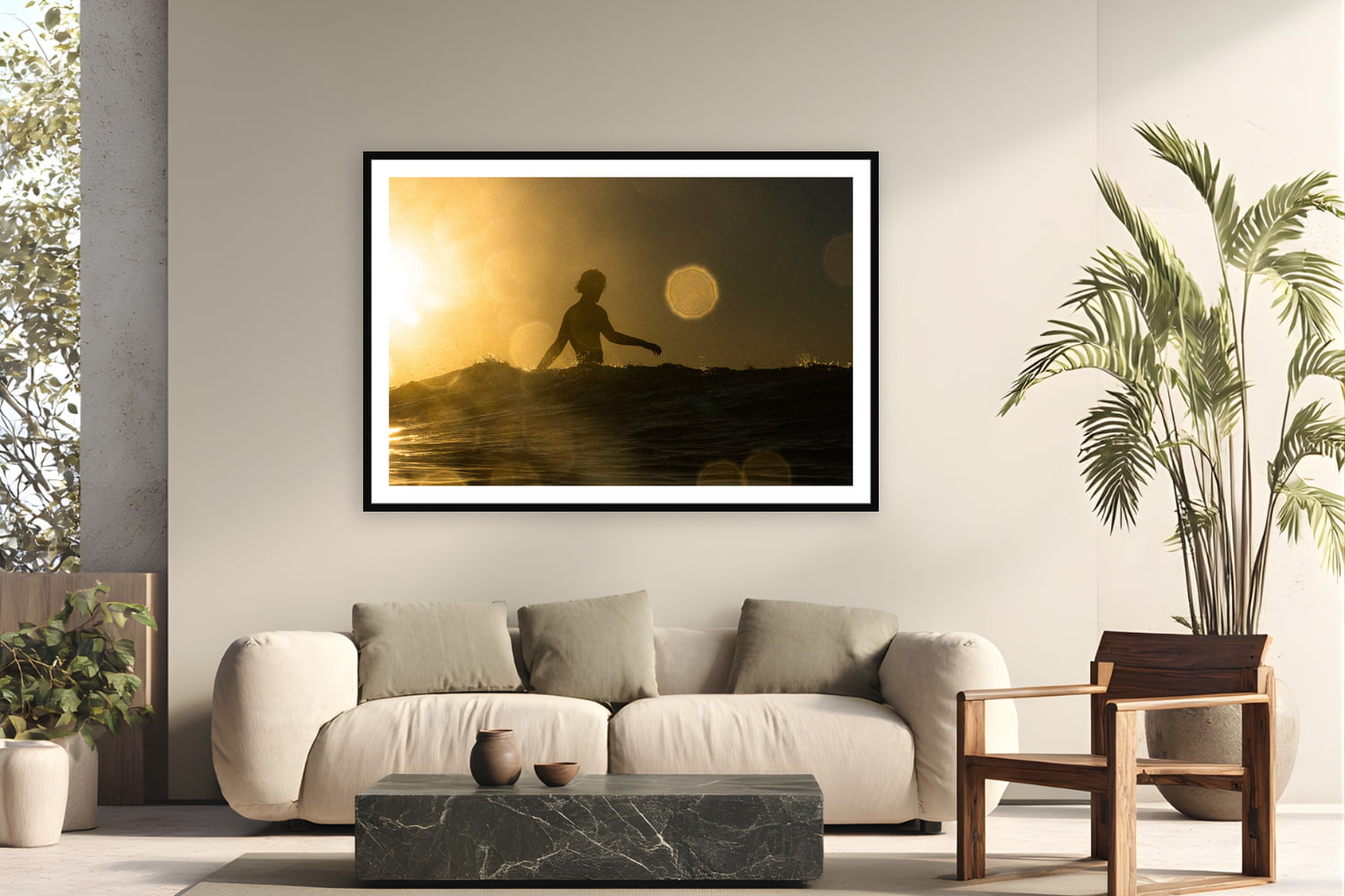 Black wood frame fine art print of Sunscaped by Jeremy Bishop, Malibu, CA, displayed on a modern living room wall — shot from the water at Malibu — the rings of light are saltwater on the housing, backlit by a sun about to drop into the Pacific.