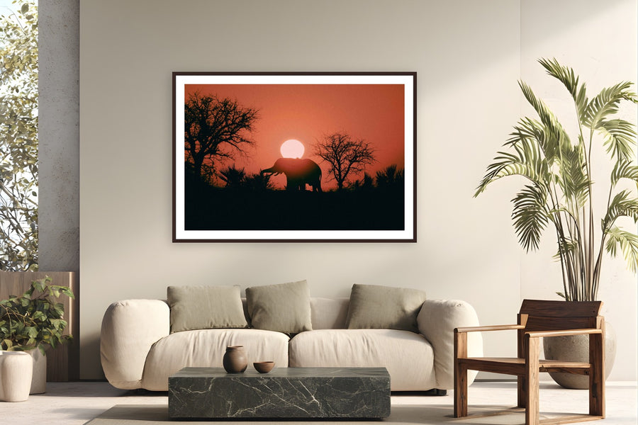 Kalahari Sunrise by Max Dickson from Kalahari Desert, Botswana - framed black frame fine art photography displayed in a modern living room setting