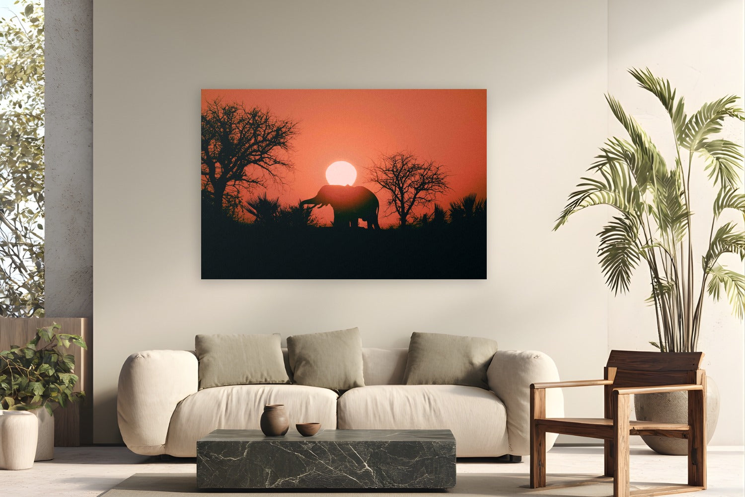 Kalahari Sunrise by Max Dickson from Kalahari Desert, Botswana - metal print fine art photography displayed in a modern living room setting