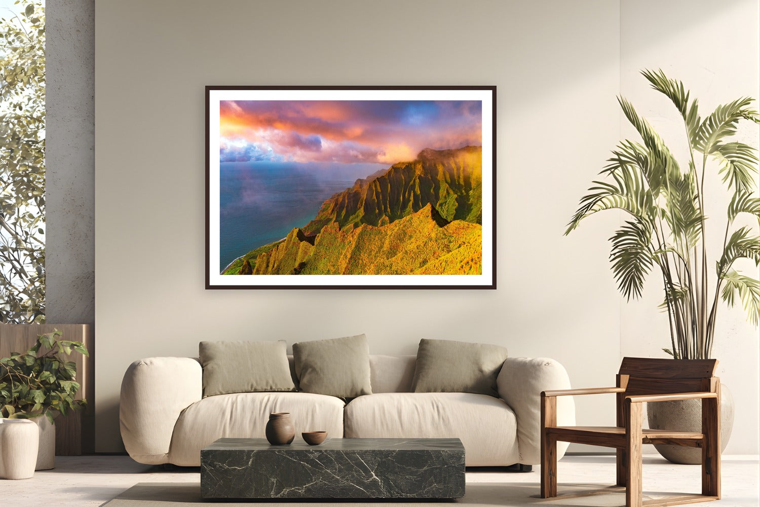 Colors of the Ānuenue by Natalie Nishioka from Kaua'i, Hawai'i - framed black frame fine art photography displayed in a modern living room setting