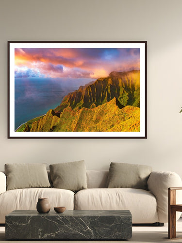 Colors of the Ānuenue by Natalie Nishioka from Kaua'i, Hawai'i - framed black frame fine art photography displayed in a modern living room setting
