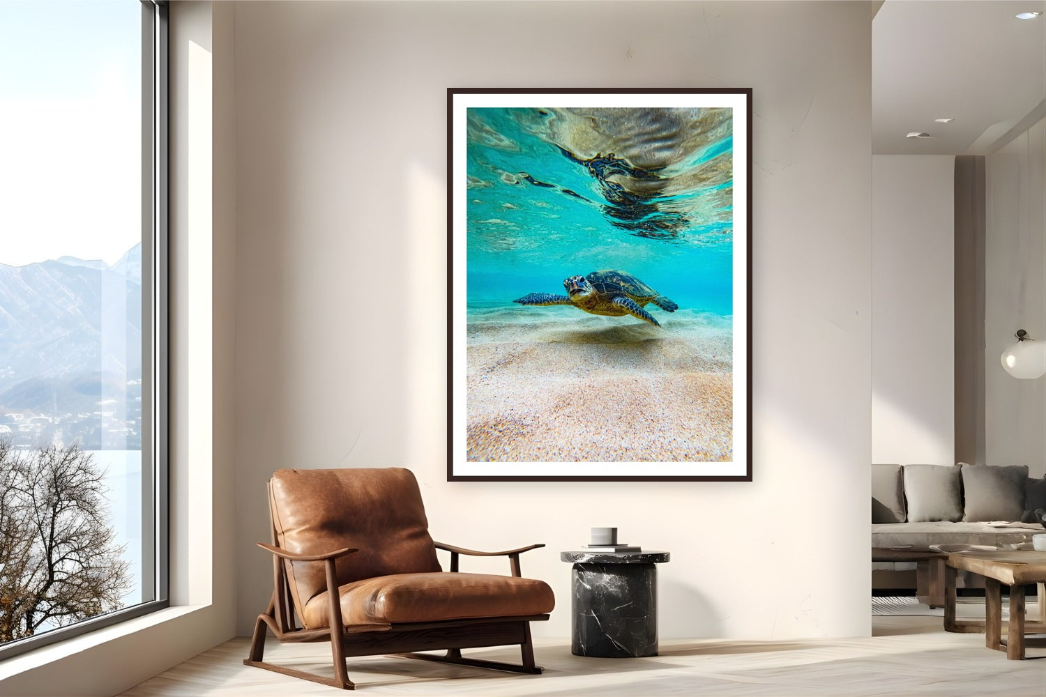 Hula Honu by Natalie Nishioka from Kaua'i, Hawai'i - framed black frame fine art photography displayed in a reading nook setting
