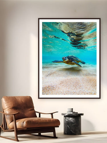Hula Honu by Natalie Nishioka from Kaua'i, Hawai'i - framed black frame fine art photography displayed in a reading nook setting