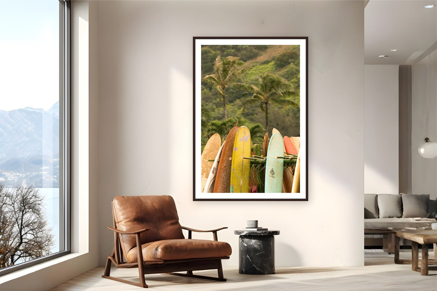 Island Longboards by Natalie Nishioka from Hanalei, Kaua'i - framed black frame fine art photography displayed in a reading nook setting