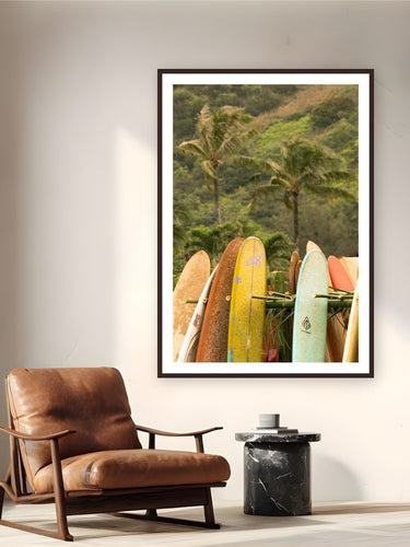 Island Longboards by Natalie Nishioka from Hanalei, Kaua'i - framed black frame fine art photography displayed in a reading nook setting