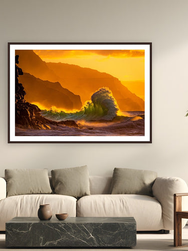 Kai Hāwanawana by Natalie Nishioka from Kaua'i, Hawai'i - framed black frame fine art photography displayed in a modern living room setting